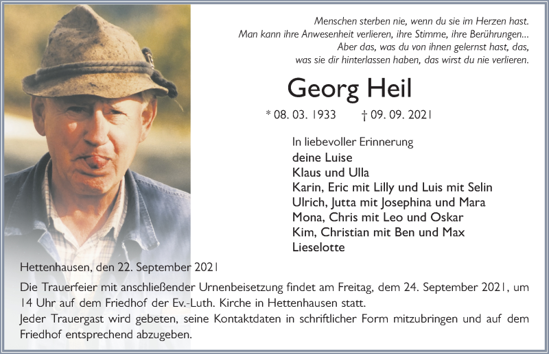  Traueranzeige für Georg Heil vom 22.09.2021 aus FZ