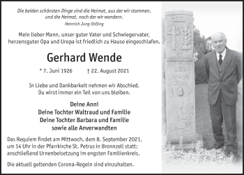 Traueranzeige von Gerhard Wende von FZ