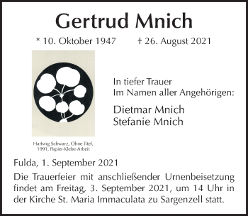 Traueranzeige von Gertrud Mnich von FZ