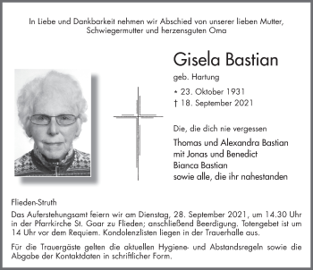 Traueranzeige von Gisela Bastian von FZ