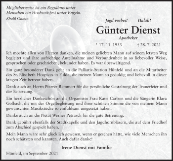 Traueranzeige von Günter Dienst von FZ