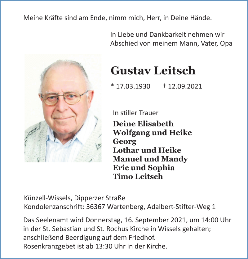  Traueranzeige für Gustav Leitsch vom 14.09.2021 aus FZ