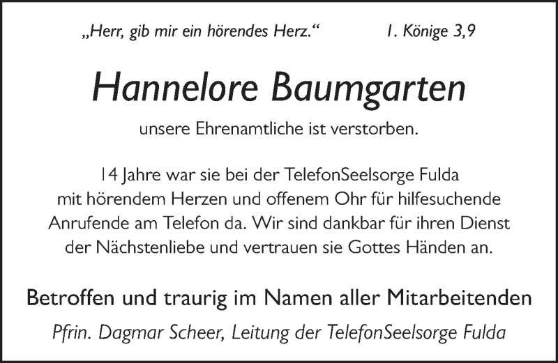  Traueranzeige für Hannelore Baumgarten vom 14.09.2021 aus FZ
