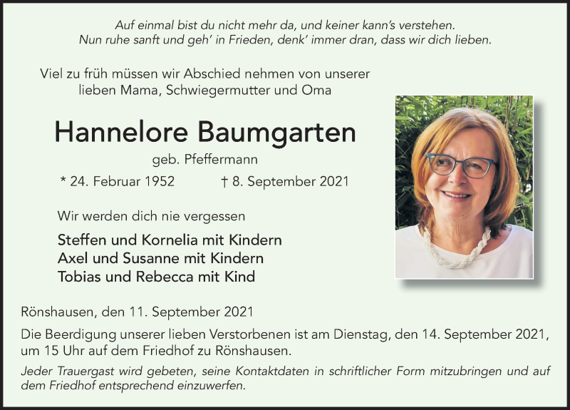  Traueranzeige für Hannelore Baumgarten vom 11.09.2021 aus FZ
