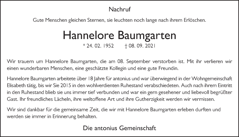  Traueranzeige für Hannelore Baumgarten vom 15.09.2021 aus FZ
