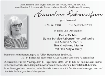 Traueranzeige von Hannelore Rabenseifner von FZ