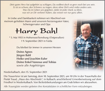 Traueranzeige von Harry Bahl von FZ