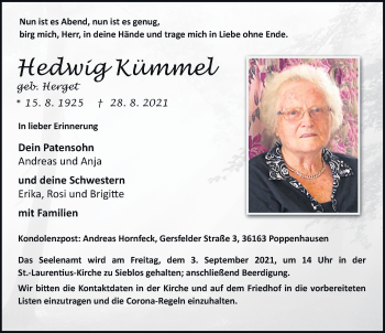 Traueranzeige von Hedwig Kümmel von FZ
