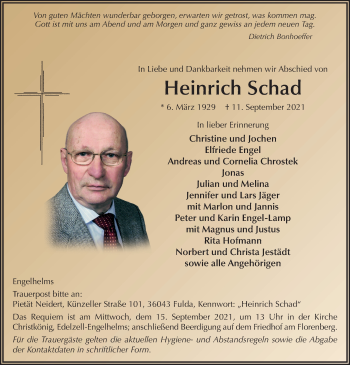 Traueranzeige von Heinrich Schad von FZ