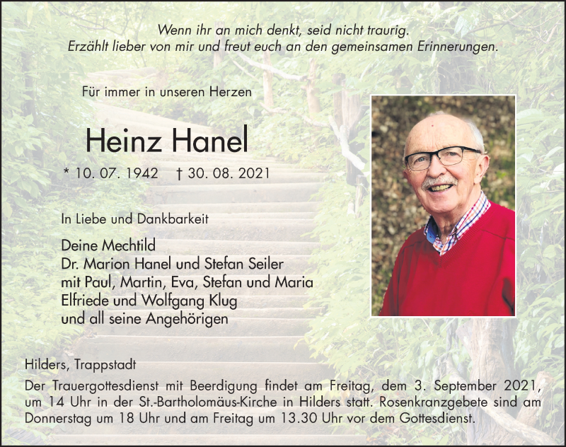  Traueranzeige für Heinz Hanel vom 01.09.2021 aus FZ