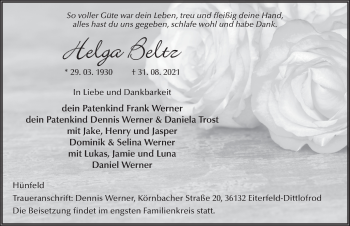 Traueranzeige von Helga Beltz von FZ