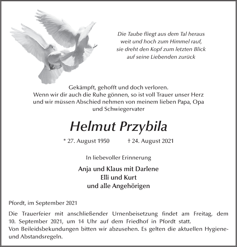  Traueranzeige für Helmut Przybila vom 07.09.2021 aus FZ