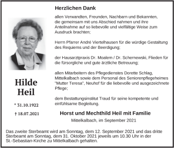 Traueranzeige von Hilde Heil von FZ