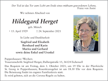Traueranzeige von Hildegard Herget von FZ