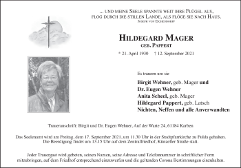 Traueranzeige von Hildegard Mager von FZ