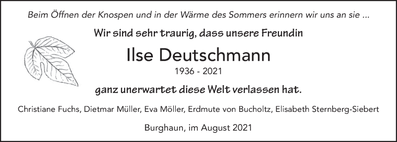  Traueranzeige für Ilse Deutschmann vom 04.09.2021 aus FZ