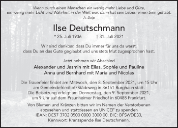 Traueranzeige von Ilse Deutschmann von FZ