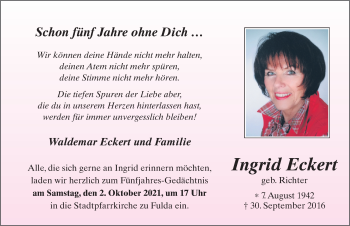 Traueranzeige von Ingrid Eckert von FZ