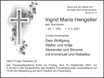Traueranzeige von Ingrid Maria Hengstler von FZ