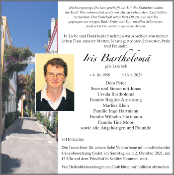Traueranzeige von Iris Bartholomä von FZ