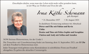 Traueranzeige von Irma Schomann von FZ