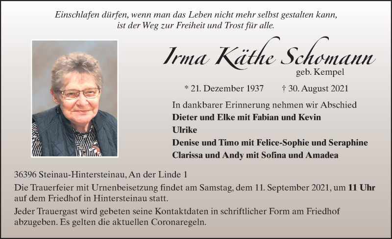  Traueranzeige für Irma Schomann vom 04.09.2021 aus FZ