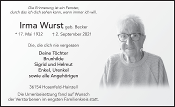 Traueranzeige von Irma Wurst von FZ