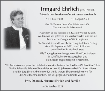 Traueranzeige von Irmgard Ehrlich von FZ
