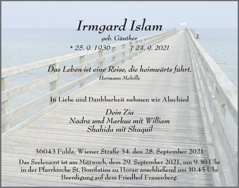 Traueranzeige für Irmgard Islam vom 28.09.2021 aus FZ