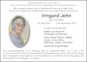 Traueranzeige von Irmgard Jehn von FZ