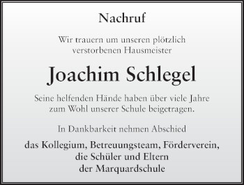 Traueranzeige von Joachim Schlegel von FZ