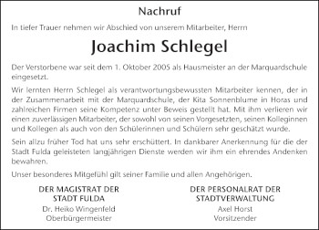 Traueranzeige von Joachim Schlegel von FZ