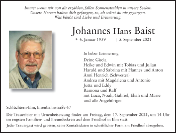 Traueranzeige von Johannes Baist von FZ