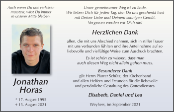 Traueranzeige von Jonathan Horas von FZ