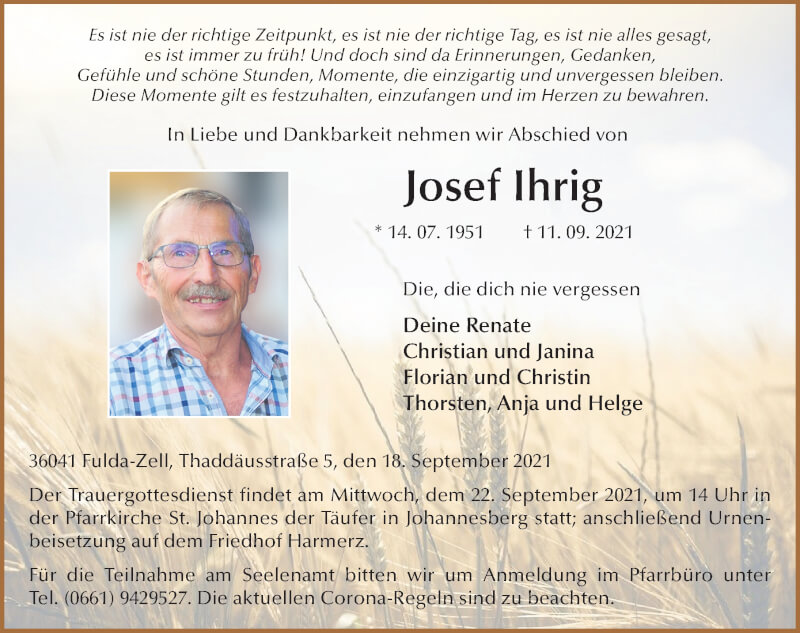  Traueranzeige für Josef Ihrig vom 18.09.2021 aus FZ