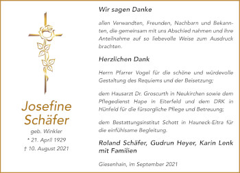 Traueranzeige von Josefine Schäfer von FZ