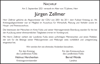 Traueranzeige von Jürgen Zellmer von FZ