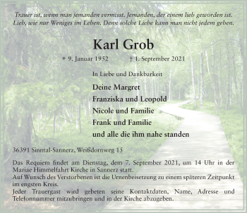 Traueranzeige von Karl Grob von FZ