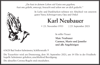 Traueranzeige von Karl Neubauer von FZ