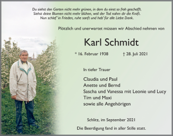 Traueranzeige von Karl Schmidt von FZ