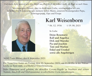 Traueranzeige von Karl Weisenborn von FZ