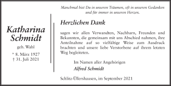 Traueranzeige von Katharina Schmidt von FZ