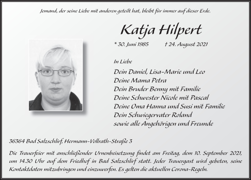  Traueranzeige für Katja Hilpert vom 07.09.2021 aus FZ