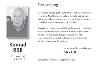 Traueranzeige von Konrad Röll von FZ