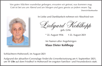Traueranzeige von Liebgard Kohlhepp von FZ