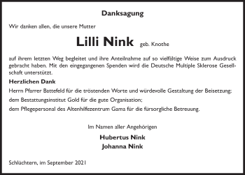 Traueranzeige von Lilli Nink von FZ