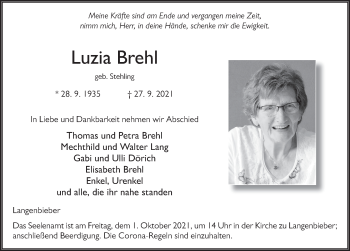 Traueranzeige von Luzia Brehl von FZ