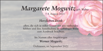 Traueranzeige von Margarete Mogwitz von FZ