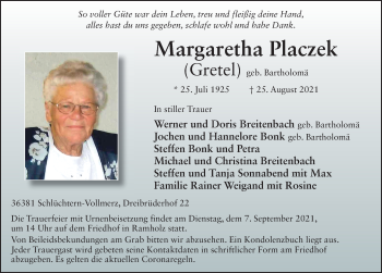 Traueranzeige von Margaretha Placzek von FZ