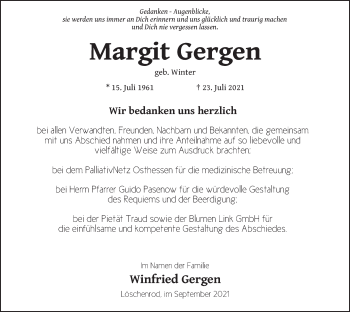 Traueranzeige von Margit Gergen von FZ